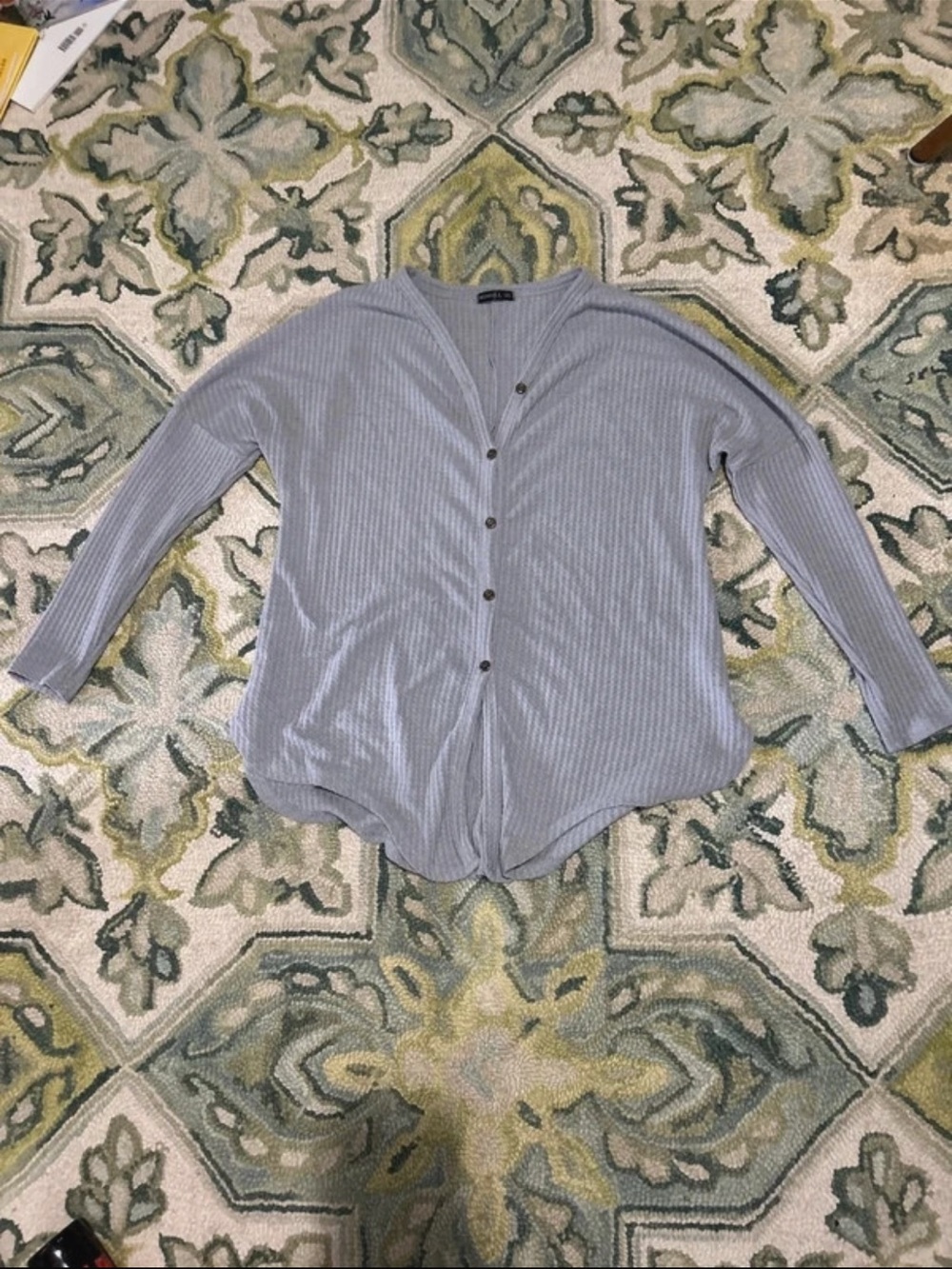 Light Grey Ribbed Button-Front Long Sleeve Top